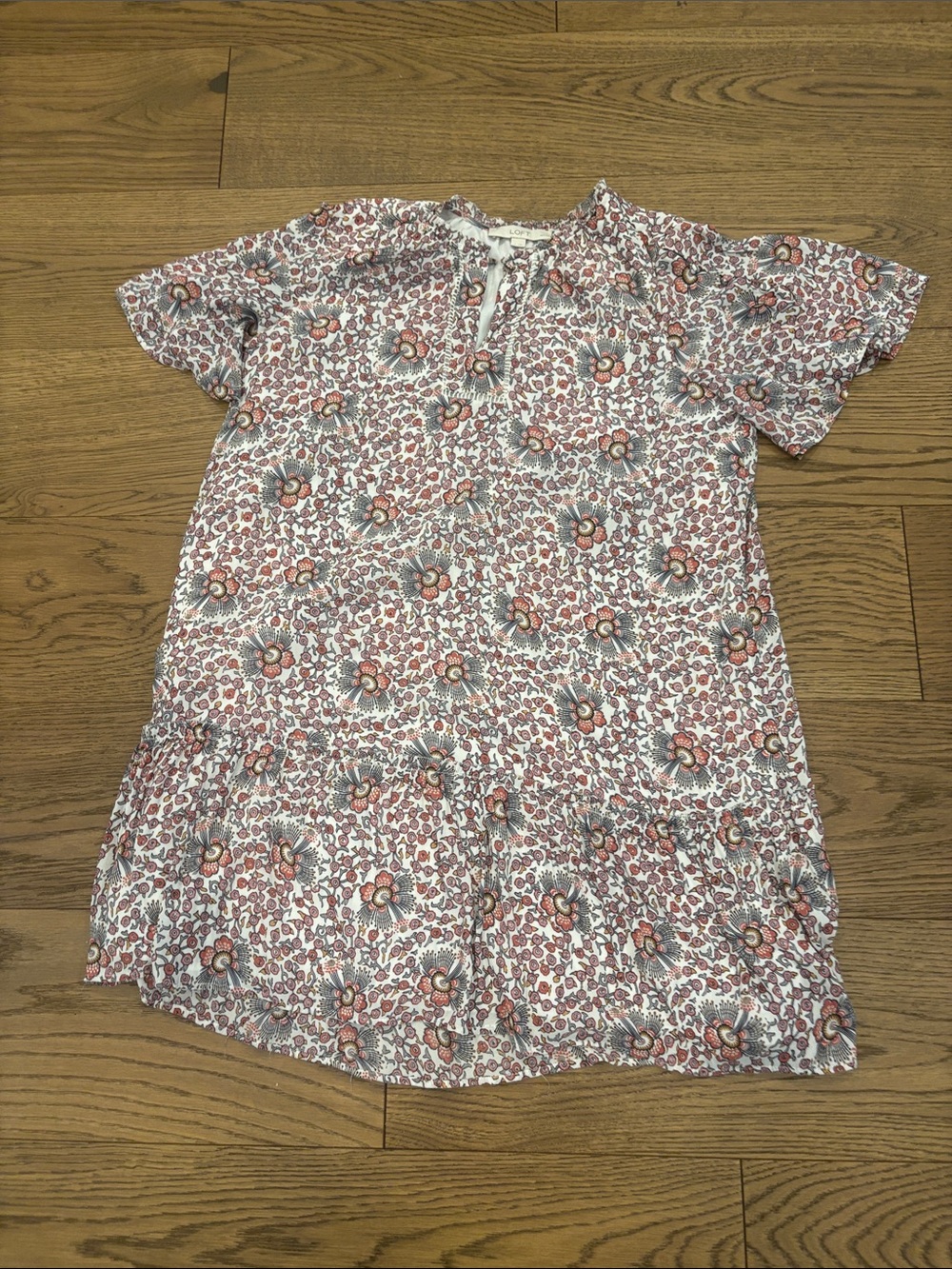 LOFT White Floral Mini Dress with Pink and Gray Accents